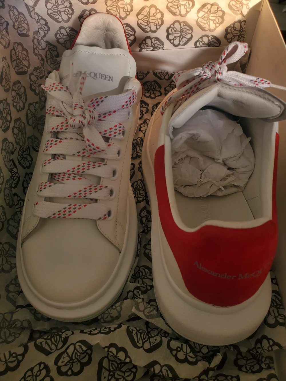 Alexander McQueen White Leather Sneakers with Red Accent and Patterned Laces